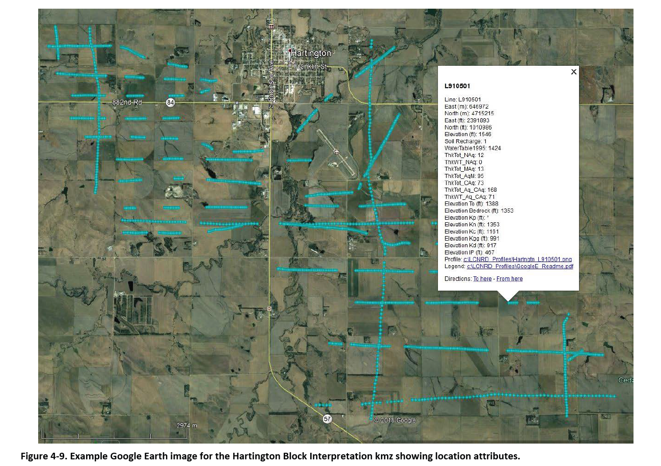 image of example LCNRD 2018 AEM survey data dots in google earth  with aerial photo