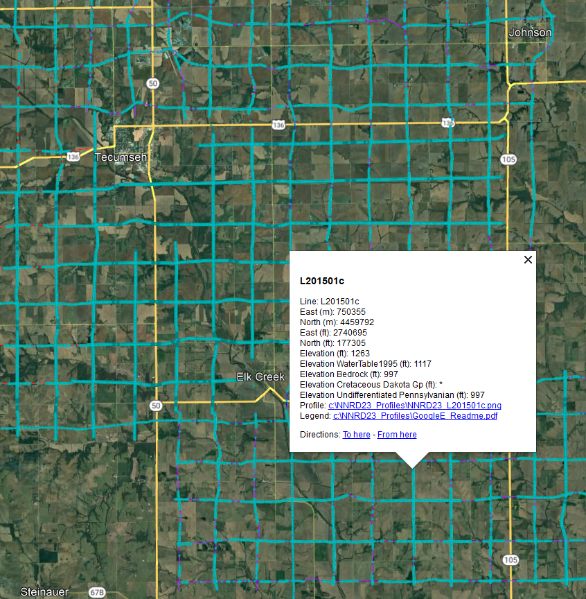 image of google earth data dots from NRD 2023 AEM survey deliverable with aerial photo background in Google Earth Tecumseh to Elk Creek area