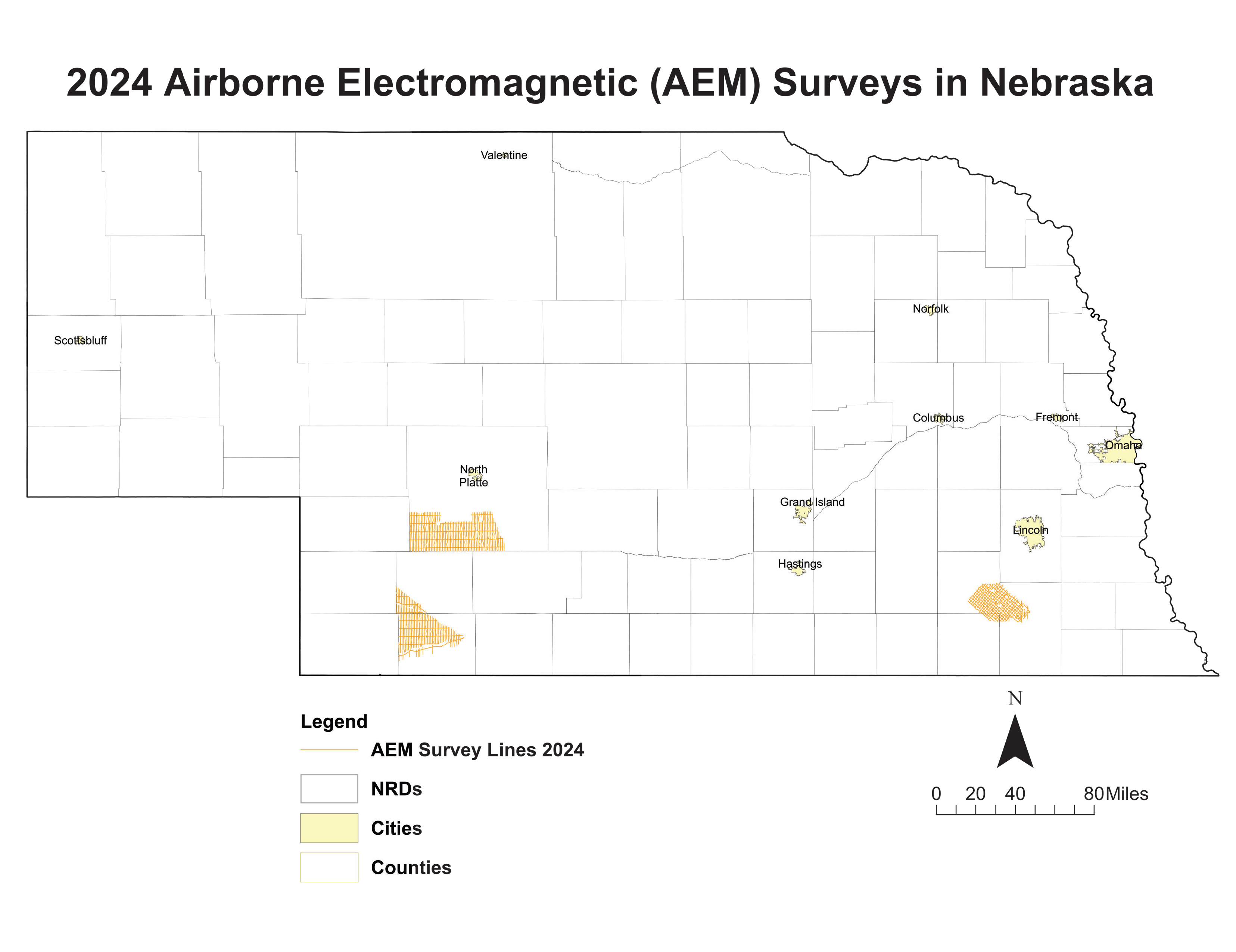 Image of 2024 AEM Survey areas in Nebraska (Middle Republican NRD and Lower Big Blue NRD)