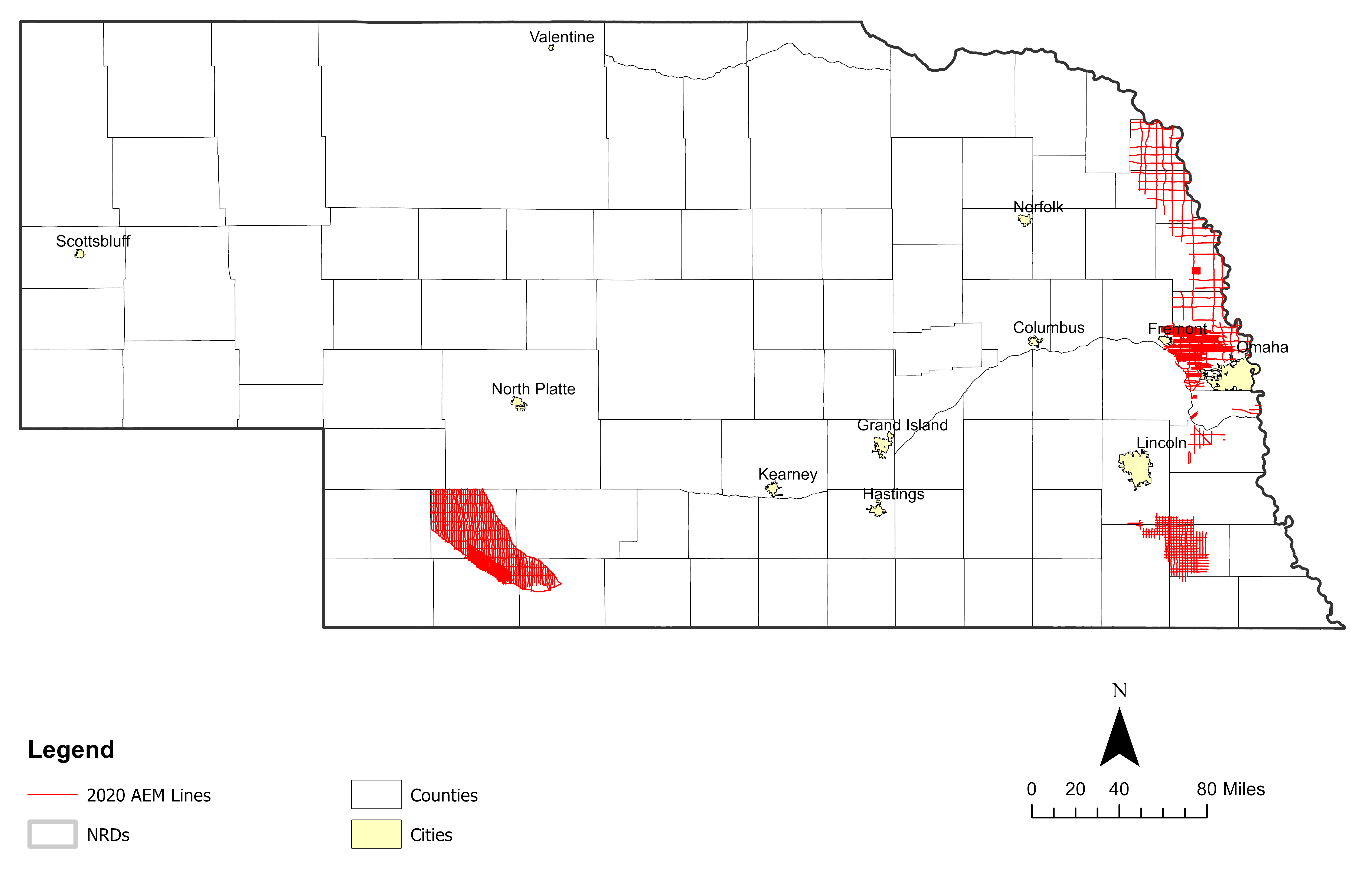 map of Nebraska with 2020 AEM survey Lines