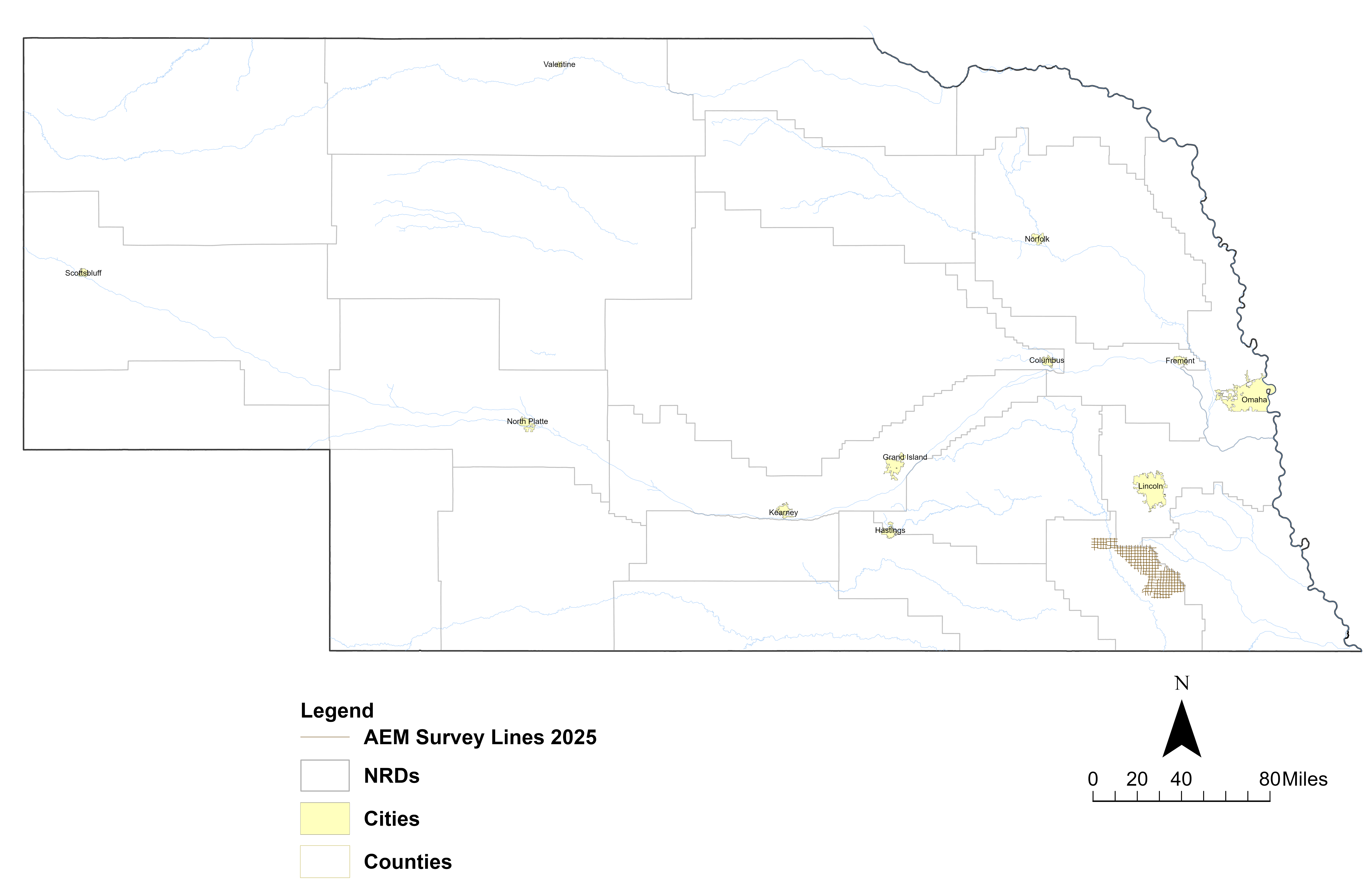 2025 AEM Survey Flight Paths depicted in brown for Lower Big blue NRD 2025 survey
