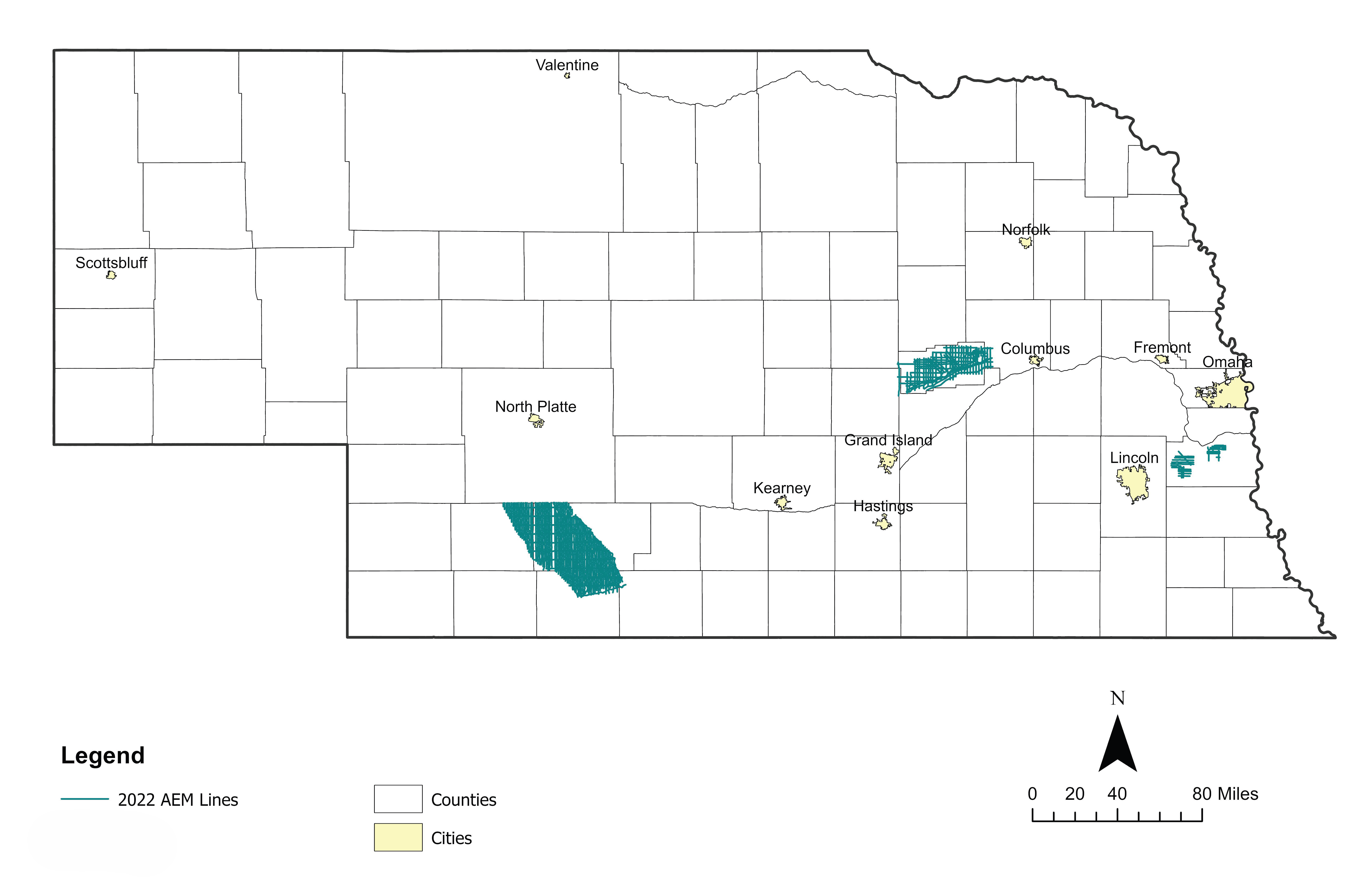 Map image of 2022 AEM Survey Lines in Nebraska 