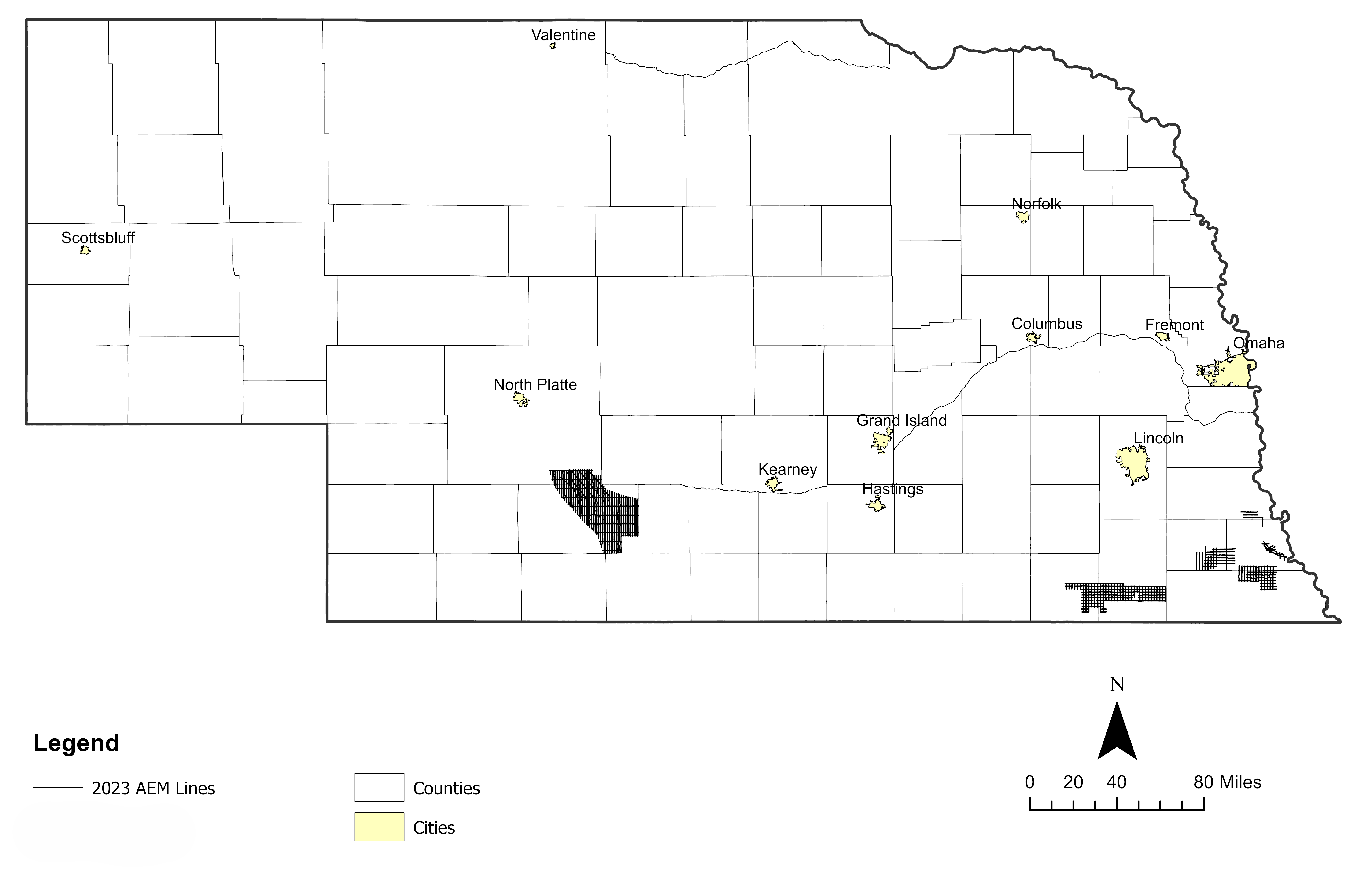 Image map of 2023 AEM surveys in Nebraska