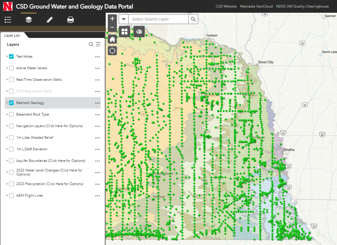 view of eastern Nebraska with CSD test holes and geologic units on an interactive map image