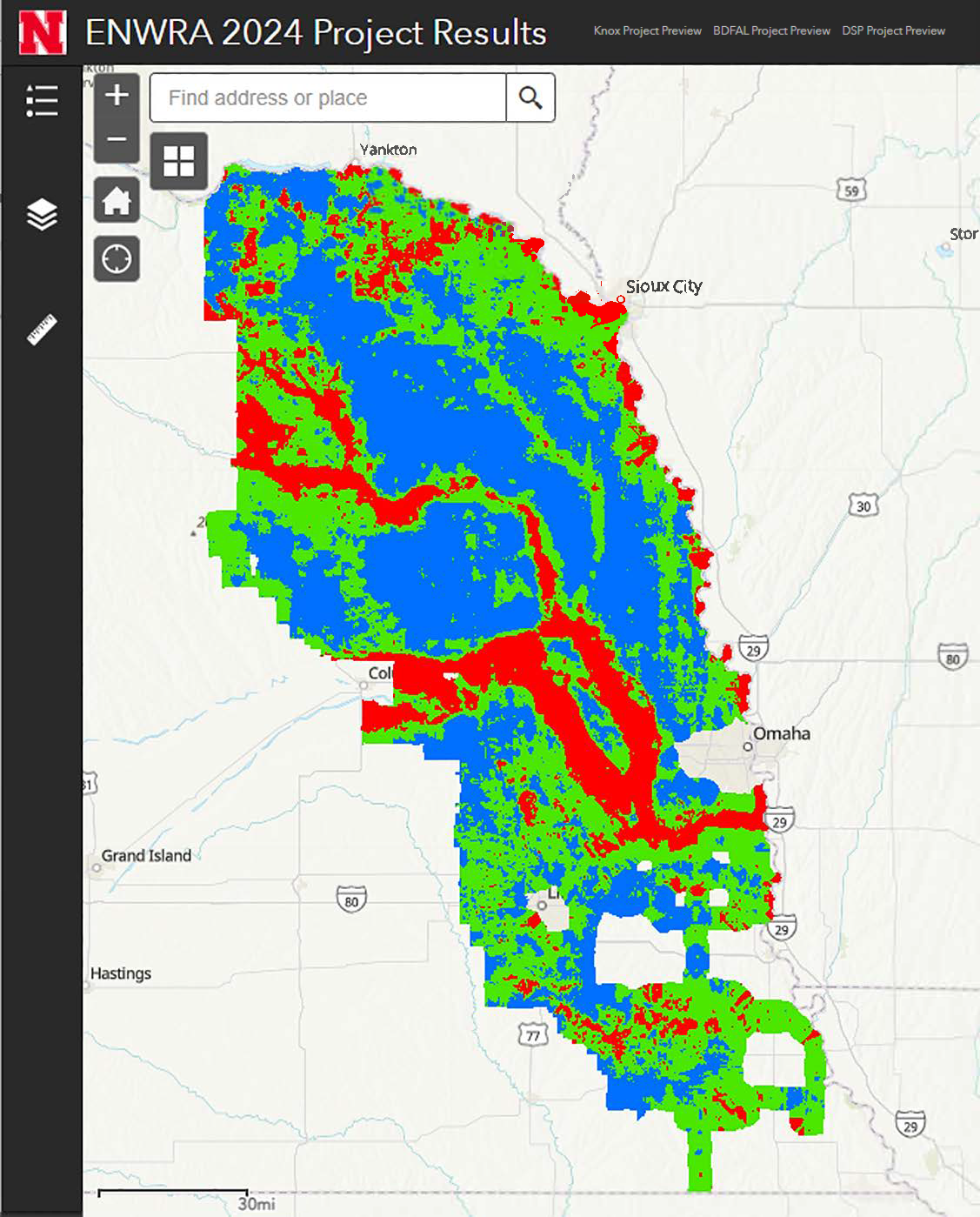 map image of high, moderate, low, red, green, blue recharge categories for eastern Nebraska red green blue colors respectively