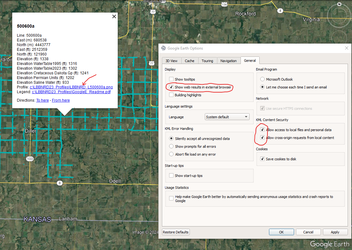 example map image of the LBBNRD 2023 AEM data dots in Google Earth with associated settings chosen from the Tools/Options/General menu selections