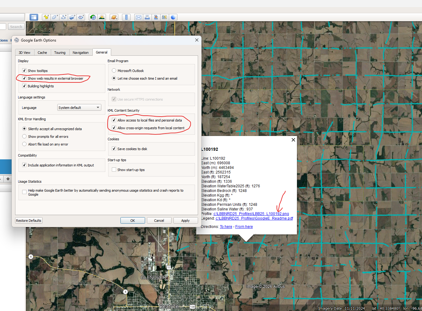 GoogleEarth deliverable example for 2025 Flight results in simplified format showing Options to allow Google Earth to access your c drive