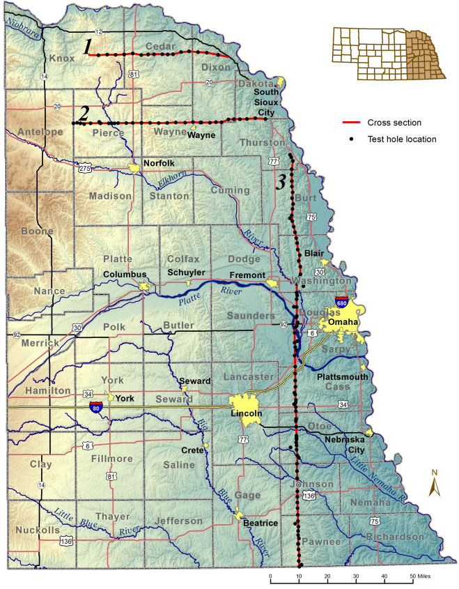 map showing the locations of 3 cross-sections in eastern Nebraska