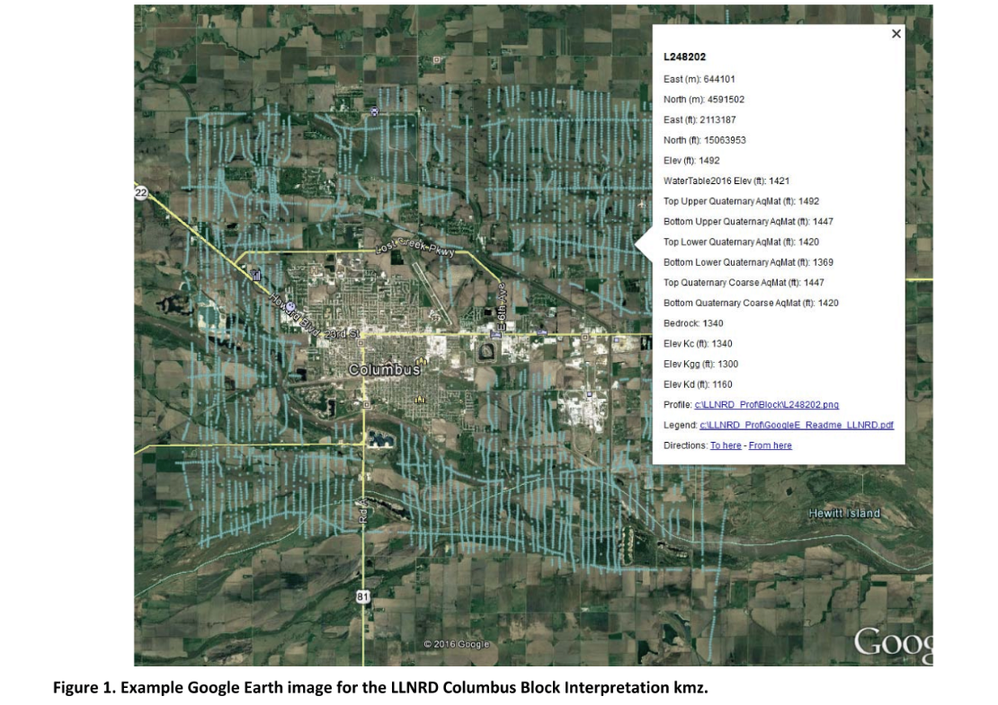 Google Earth image of Columbus Nebraska with 2016 AEM data dots