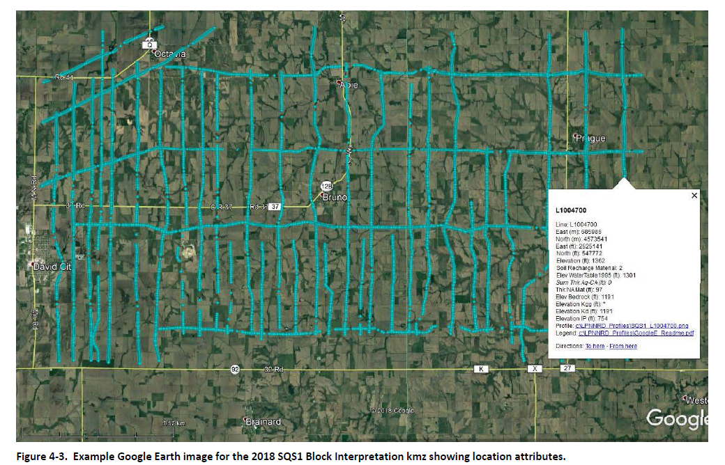 image of the Google Earth datasets for LPNNRD 2018 AEM survey data dots near Prague, Nebraska