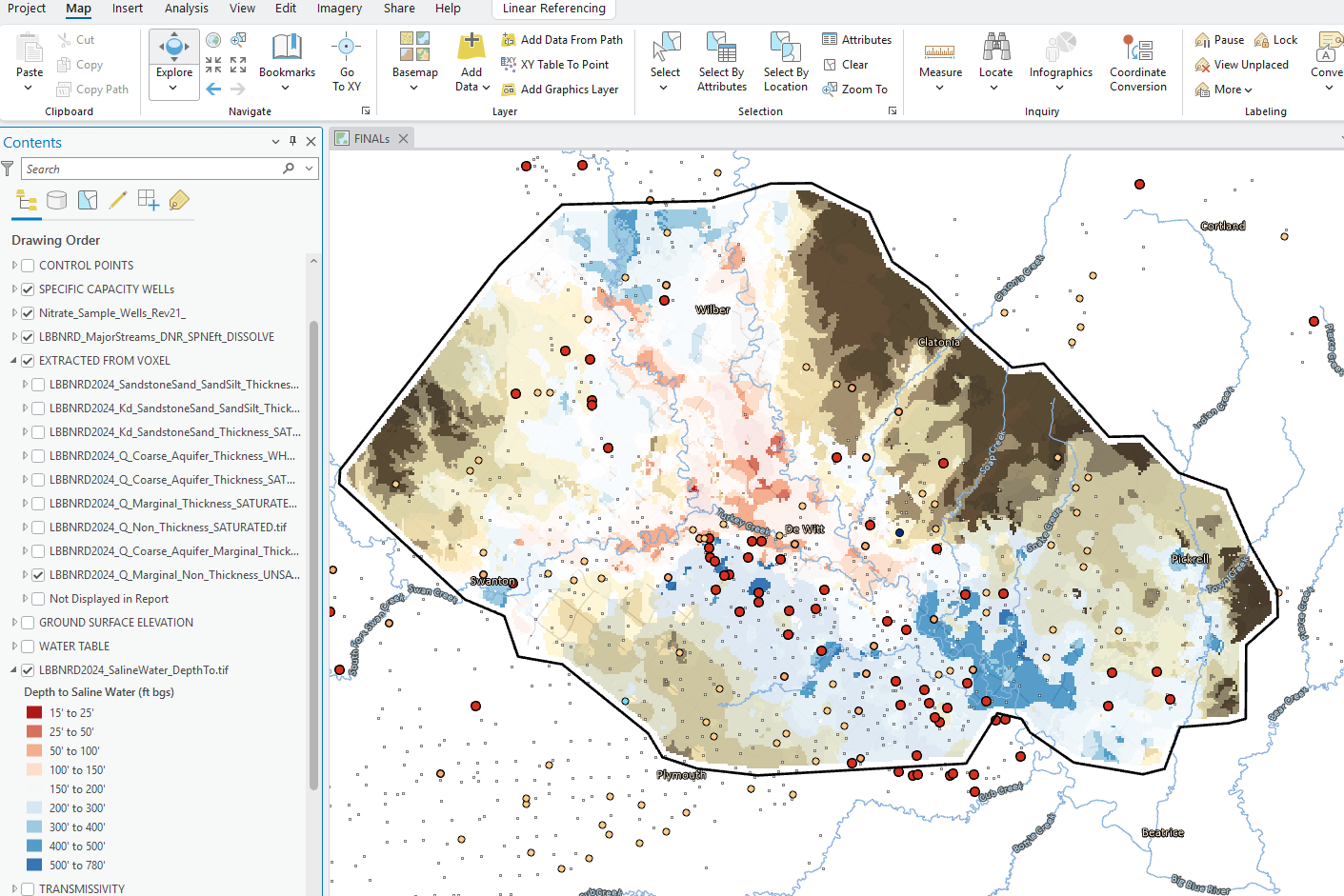 View of ESRI Map Package with streams nitrates saline groundwater and voxel non aquifer thickness layers displayed