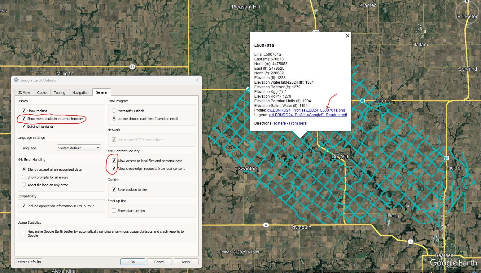 image of 2024 LBBNRD AEM Survey Data Dots in Google Earth with hotlink to data profile highlighted and tools options menu to allow popups
