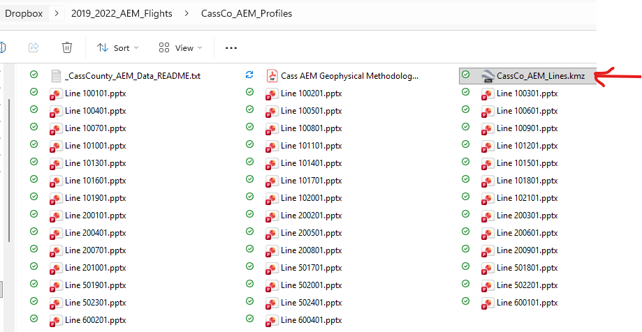 Dropbox Folder contents showing flight line files